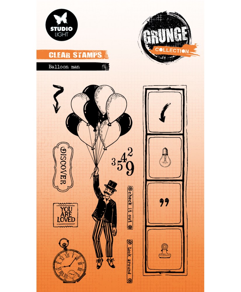 Clear Stamp Balloon man Grunge 93x136x3mm 13 PC