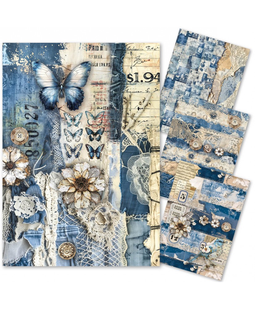 Urban Blue Denim Mixed Media rice paper A4 set 4/Pkg