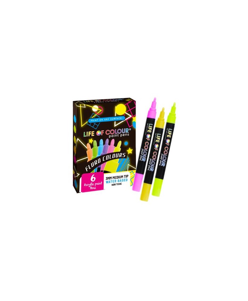 Fluro Colors 3mm Medium Tip Acrylic Paint Pens – Set of 6