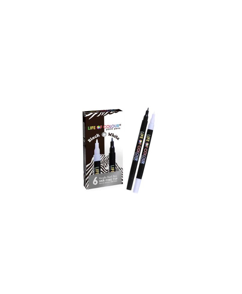 Black and White Fine Tip Acrylic Paint Pens - 6pcs Set